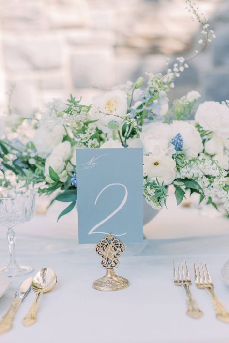 Blue Cocktail Tables Wedding, Flowers For Blue Wedding, Williamsburg Wedding Virginia, Wedding With Light Blue Accents, Dusty Blue Wedding Stationery, Dusty Blue Place Cards, French Coastal Wedding, Blue Southern Wedding, Blue And White Wedding Table Decor