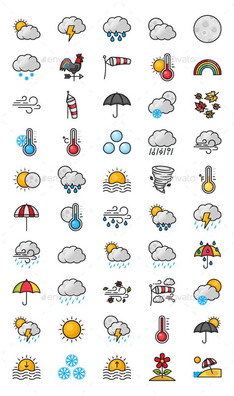 Weather. Fully customisable set of icons. #icon #design #art #digitalArt #autumn #AutumnLeaves #celsius #clouds #cock #fahrenheit #hailstone #hurricane #moon #rain #RainStorm #rainbow #RainyDay #snow #SnowFall #snowflakes #storm #SunnyDay #sunrise #sunset #temperature #thunder #umbrella #weather #wind #WindDirection Weather Drawings Ideas, Weather Drawings Art, Weather Journal Ideas, Cute Weather Icons, Storm Doodle, Temperature Drawing, Weather Template, Weather Emoji, Weather Drawing