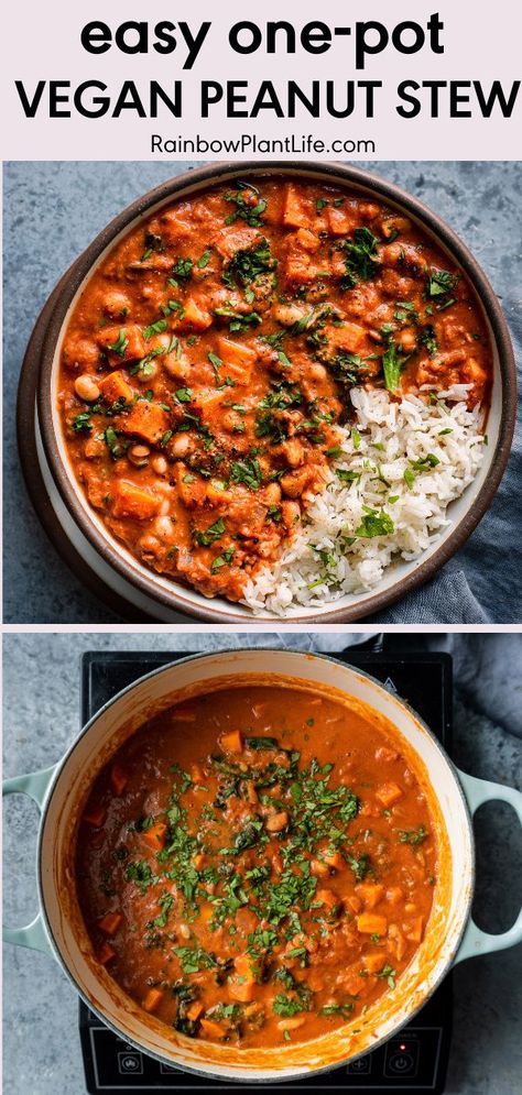 Easy One-Pot Vegan Peanut Stew | Rainbow Plant Life- This Vegan Gambian Peanut Stew is a plant-based spin on a traditional West African peanut stew and is hearty but healthy! It’s an easy one-pot recipe that can be made ahead and is vegan, gluten-free, and plant-forward. Click for the recipe! Gambian Peanut Stew, West African Peanut Stew, Peanut Stew Vegan, African Stew, Rainbow Plant Life, African Peanut Stew, Peanut Stew, West African Food, Vegan Eats