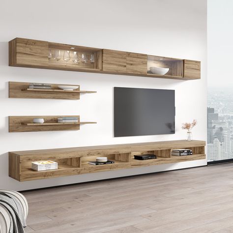 Orren Ellis Balla Floating Entertainment Center for TVs up to 70" | Wayfair Centro Tv, Wall Mount Entertainment Center, Floating Entertainment Center, Modern Wall Units, Modern Entertainment Center, Floating Tv Stand, Light System, Storage Credenza, Tv Stands And Entertainment Centers