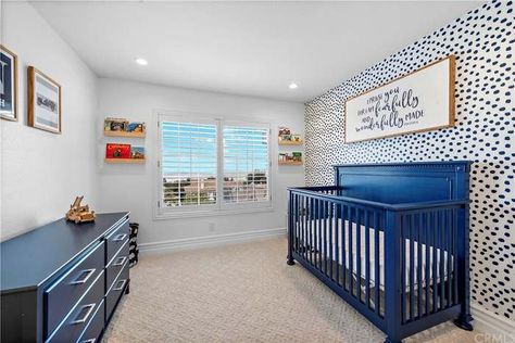 Navy crib with wooden accents. Navy polka dot wallpaper. Nursery With Navy Crib, Navy Boys Room, Baby Boy Flowers, Navy Crib, Shiplap Nursery, Polka Dot Wallpaper, Blue Crib, Dot Wallpaper, Twin Room