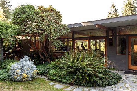 Photo 4 of 16 in A Midcentury Home Receives a Subtle Update in a Historic Community Near Seattle - Dwell Pacific Northwest Landscape, Entryway Garden, Hilltop House, Northwest Landscaping, Wood Columns, 1950s House, Midcentury Home, Cabinetry Design, Siding Materials