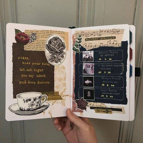 Book Spread Design, Junk Journal Aesthetic, Dark Academia Journal Ideas, Dark Academia Bullet Journal, Journal Front Page Ideas, Crunchy Recipes, Vintage Bullet Journal, Reading Bujo, Dark Academia Journal