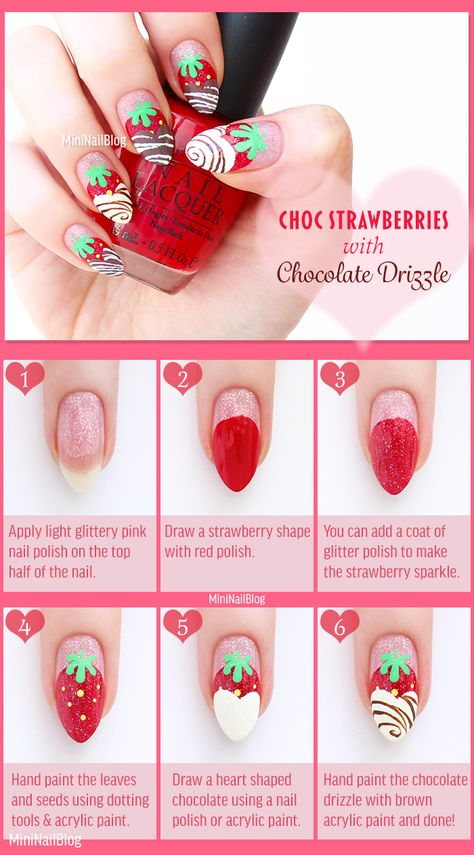 Chocolate Strawberry Nails Tutorial! The video is on my blog:  https://nailbees.com/chocolate-strawberry-nails #ValentinesDay #NailArt #Tutorial Nails Art Tutorial, Strawberry Nail Art, Nailart Tutorial, Strawberry Nails, Blue Bedrooms, Kids Nails, Fruit Nails, Band Nails, Art Nail Art