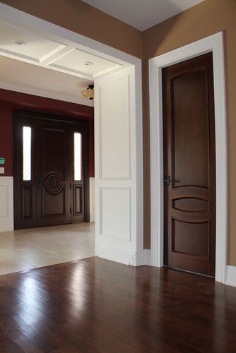 Contemporary Interior Doors   I don't like the wall color, but everything else..... Door Colors With White Walls, Alder Trim, Brown Interior Doors, Interior Door Colors, Dark Doors, Painted Interior Doors, Contemporary Interior Doors, Trim Options, White Molding