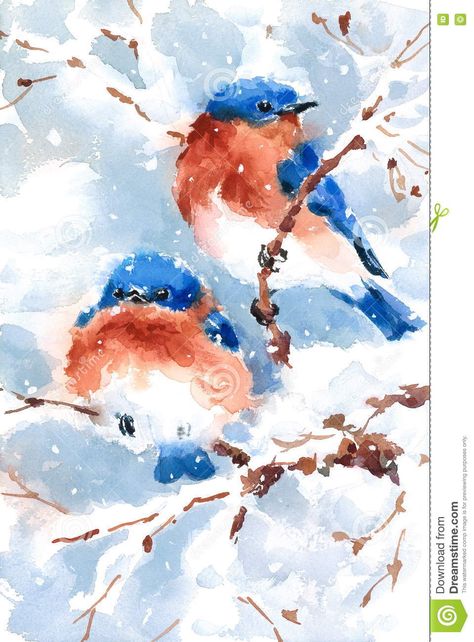 Illustration about Hand drawn Watercolor Winter illustration of Two Bluebirds on the branches covered with snow. Illustration of branch, painting, ornithology - 80985846 Bluebird Watercolor, Bluebird Painting, Bird Watercolor Art, Bird Painting Acrylic, Winter Christmas Scenes, Watercolor Birds, Painting Snow, Winter Illustration, Winter Watercolor