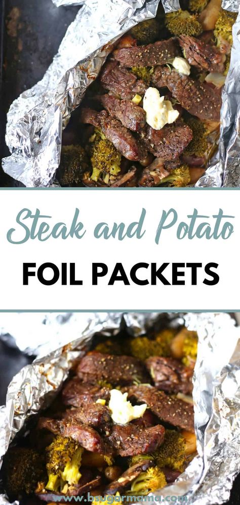 If you are looking for something easy and delicious to put together for dinner, try this Steak and Potato Foil Pack Dinner with potatoes, mushrooms, and broccoli! Steak Potatoes And Broccoli, Steak And Potato Foil Pack, Dinner With Potatoes, Steak Foil Packets, Steak Broccoli, Mushrooms And Broccoli, Potatoes Mushrooms, Foil Packet Potatoes, Steak And Broccoli