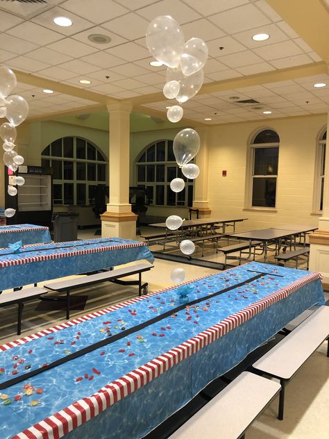 Senior Night Swimming, Swim Team Parade Float Ideas, Swim Team Party Decorations, Swim Team Bulletin Board Ideas, Senior Night Swim, Swim Banquet, Swim Banquet Ideas, Swim Party Decorations, Pool Area Decorating Ideas