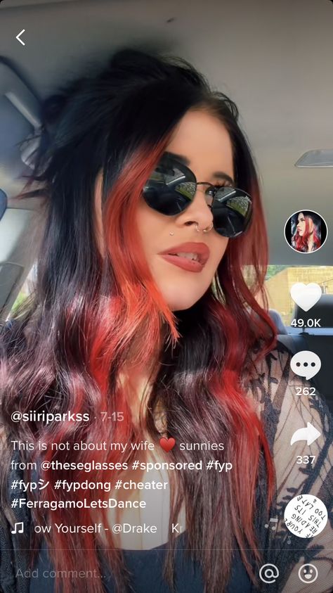 Black And Red Color Block Hair, Black With Red Money Piece, Dark Hair With Red Peekaboo, Copper Money Piece Hair Black, Dark Hair Red Money Piece, Dark Brown Hair With Red Money Piece, Red Hair With Blonde Streak, Dark Hair With Red Money Piece, Black Hair Red Money Piece