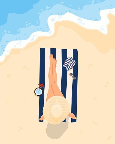 Vector Beach Illustration, Sunbathing Illustration, Barcelona Drawing, Summer Visionboard, Beach Doodle, Woman Sunbathing, Lovely Drawings, Phone Widget, Beach Drawing