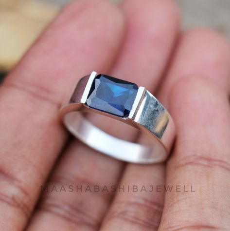 Blue Sapphire Men's Ring, 925 Sterling Silver Ring, Handmade Ring, Promise Ring, Blue Sapphire Ring, Dainty Wedding Ring, Gift For Him SHOP LINK:- https://www.etsy.com/shop/MaaShabashibaJewell?ref=seller-platform-mcnav 》D E T A I L S《 Gemstone: Natural Sapphire Gem Color: Blue Gem Shape: Rectangle  Gem Category: Cut Metal: 925 Sterling Silver Purity: 925 Parts Per 1000 Setting Type: Prong Set Silver Polish: High Ring Size: All Size Available Please note that there Can be slight variations in sto Men Sterling Silver Ring, Silver Ring Design For Men With Stone, Blue Stone Ring For Men, Gem Stone Rings For Men, Ring Designs For Men Silver, Mens Stone Ring, Engagement Rings For Men For Him, Silver Stone Rings For Men, Sapphire Ring Men