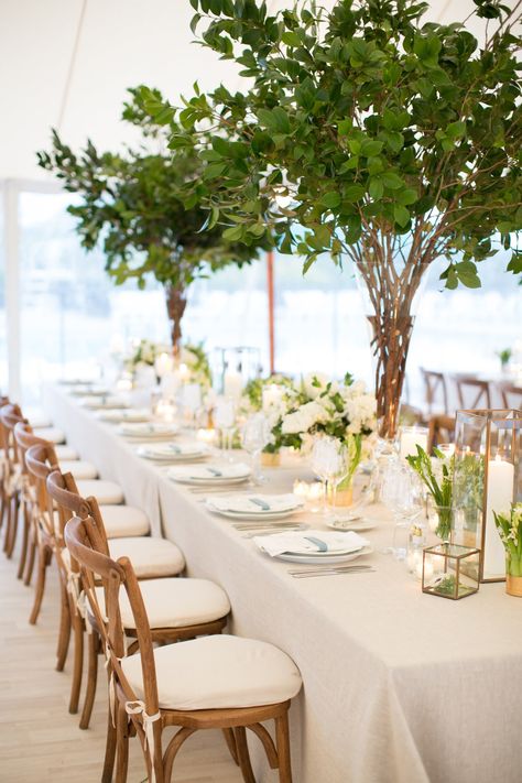 Timeless Wedding Outdoor, Tall Greenery Centerpieces, Fairfield Connecticut, Tall Wedding Centerpieces, Wedding Tablescape, Foliage Wedding, Tall Centerpieces, Modern Elements, Long Table