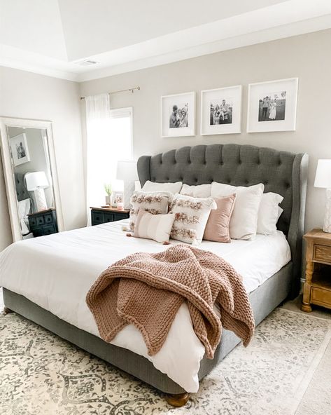 Bedroom With Grey Headboard, White Comforter Bedroom, Grey Headboard Bedroom, Loverly Grey, Design Ložnic, Grey Headboard, Comfortable Bedroom, Gray Bedroom, Bedroom Headboard