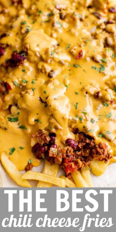 These Chili Cheese Fries are the perfect appetizer or main dish for parties, game day, or any time the craving hits. Crispy French fries are topped with a smoky chili and a rich, melty homemade cheese sauce. These are a crowd favorite! #chili #cheese #fries #appetizer #gameday belleofthekitchen.com Chili Cheese Fries Recipe, Smoky Chili, Chili Cheese Nachos, Chilli Cheese Fries, Cheese Fries Recipe, Chili Fries, Chili Toppings, Homemade Cheese Sauce, Chili Cheese Fries