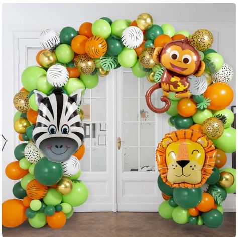 Jungle Balloon Arch, 2nd Birthday Pictures, Safari Birthday Party Decorations, Safari Balloon, Jungle Theme Cakes, Jungle Balloons, Boys 1st Birthday Cake, Jungle Decorations, Jungle Theme Parties