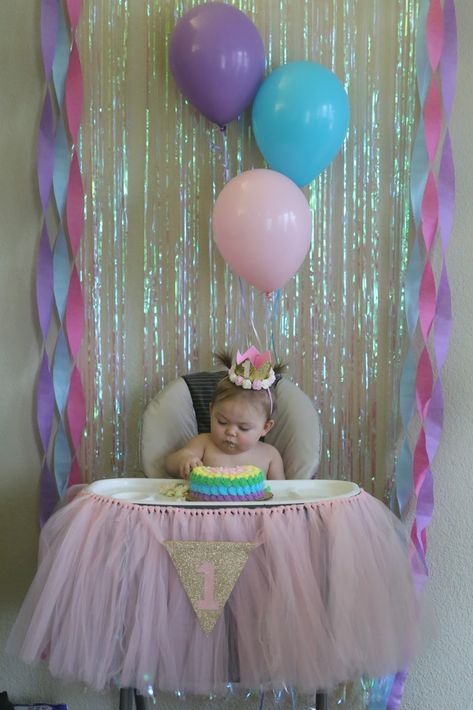 Unicorn first birthday smash cake high chair backdrop First Birthday High Chair Backdrop, Smash Cake Backdrop, Highchair Backdrop 1st Birthdays, First Birthday Highchair Decoration, Smash Cake High Chair, Cake Smash In High Chair, Unicorn First Birthday Photoshoot, Cake Smash Unicorn Theme, High Chair Decorations