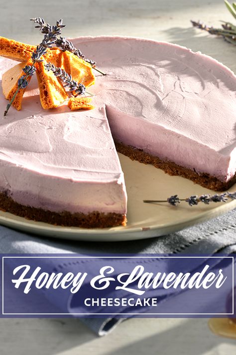 Starring the honey and lavender that pair perfectly with the botanicals in this month's Dodds gin Limited Edition, this is a light and oh-so-easy cheesecake that can be thrown together on a lazy Sunday afternoon. Blue skies or grey, it’s delightful floral notes are guaranteed to put a spring in your step! 💐 Honey Lavender Cheesecake Recipe, Lavender Cheesecake No Bake, Honey Lavender Cheesecake, Lavender Desserts, Honeycomb Cheesecake, Lavender Cheesecake, Honey Cheesecake, Lavender Dessert, Honey And Lavender