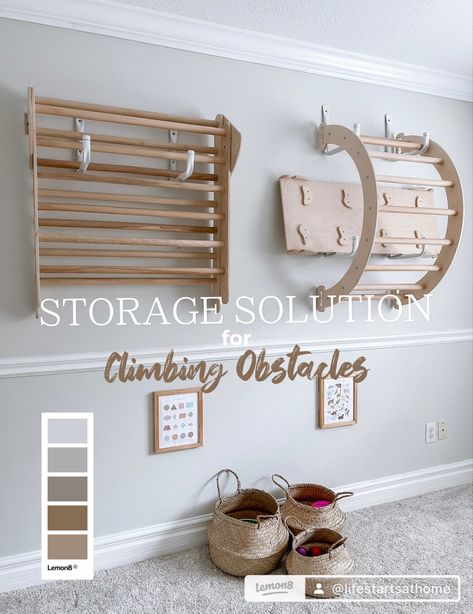 Wall Storage For Playroom, Pikler Storage, Playroom Diy Ideas, Montessori Wall Mural, Playroom Ideas Climbing Wall, Small Playroom Storage, Diy Playroom Furniture, Small Playroom Inspiration, Montessori Playroom Wall Decor