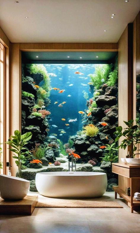 Decor Behind Toilet, Minimalist Aquarium, Behind Toilet Decor, Toilet Decor Ideas, Behind Toilet, Fish Tank Wall, Fish Tank Themes, Custom Aquarium, Wall Aquarium