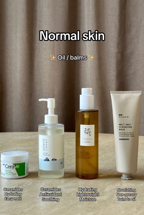 oil and balm cleansers for dry/ sensitive and normal skin types. hydrating, easy melt, nourishing, lightweight, dry skin, calming and  repairing. ceramides, antioxidant, soothing, moisture, non-greasy and balm to oil. Skincare For Normal Skin Type, Best Oil Cleanser For Dry Skin, Normal Skin Care Products, Cleanser For Normal Skin, Skin Care For Normal Skin, Normal Skin Care, Different Skin Types, Normal Skin Type, Basic Skin Care Routine