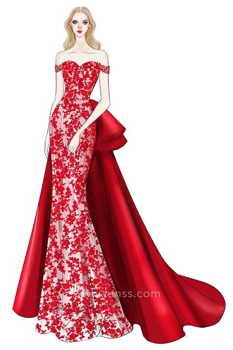 A gorgeous sketch of red lace off-the-shoulder sweetheart mermaid formal dress with detachable satin overskirt. Mermaid Dress With Overskirt, Dresses Mermaid Style, Red Evening Gowns, Wedding Dress Sketches, Lace Dress Design, Dress Illustration, Draping Fashion, Fashion Illustration Sketches Dresses, Barbie Gowns