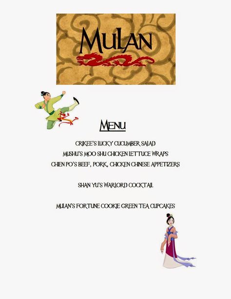 Mulan Theme Dinner Menu Disney Movie Themed Dinner, Disney Movie Night Menu, Theme Dinners, Themed Meals, Disney Themed Movie Night, Disney Movie Night Food, Movie Dinner, Disney Themed Food, Disney Movie Night Dinner