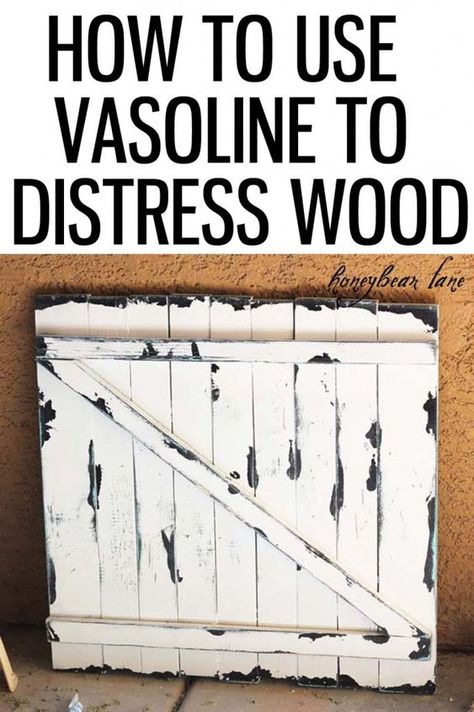 How to use Vasoline to distress wood. Interesting idea! From honeybearlane.com. Distress Wood, Distressing Painted Wood, Wooden Desk Chairs, Diy Wall Shelves, Learn Woodworking, Distressed Furniture, Health Knowledge, Wood Pallet Projects, Distressed Painting