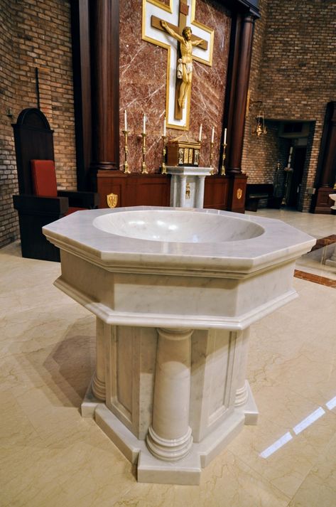 St. Helen Church Baptismal Font, Howard Beach, NY Baptismal Font, Catholic Baptism, Church Furniture, Catholic Statues, Gothic Furniture, Water Font, Religious Architecture, St Benedict, Shah Alam