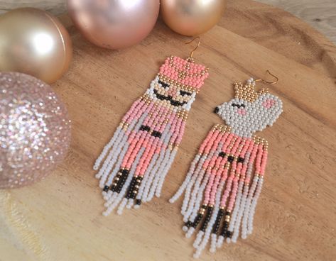 Beaded Nutcracker Earrings, Christmas Beaded Earrings, Nutcracker Earrings, Xmas Beads, Pink Nutcracker, Christmas Pink, Modern Earrings, Pink Christmas, Nutcracker