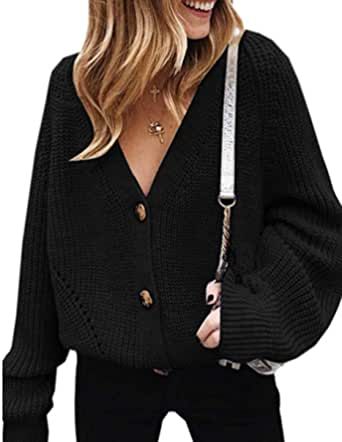 Asskdan Women's V Neckline Button Down Knitwear Lantern Sleeve Basic Knit Cardigan Sweater Tops Short Cardigan Outfit, Short Cardigan Sweater, Balloon Sleeve Cardigan, Cardigan Outfit, Pullover Mode, Loose Cardigan, Loose Coats, Short Cardigan, Sleeves Clothing