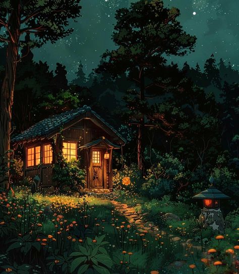 Cottage In The Woods Illustration, Garden At Night Illustration, Forest Cottage Drawing, Night Room Illustration, Market Drawing Sketches, Cozy Illustration Art, Bathhouse Art, Cabin In The Woods Painting, Cottage At Night