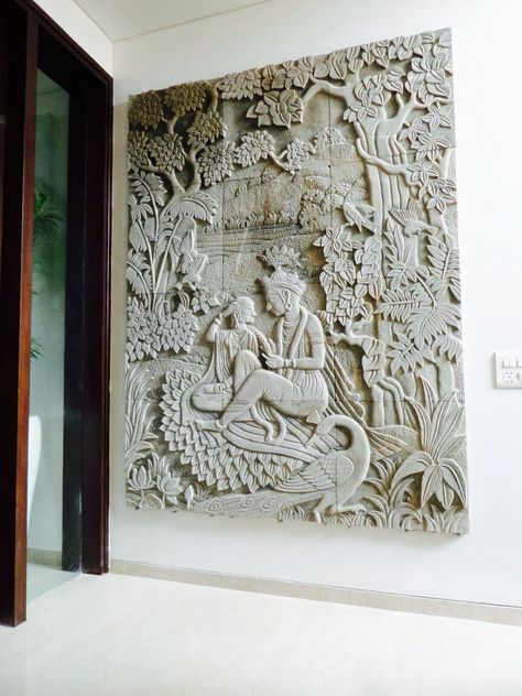 Stone wall mural made by stone masons of India depicting a popular religious theme. Style-Ornamental, carved on a sandstone Sandstone Carving Wall, Stone Art Wall Murals, Carved Stone Wall Mural, Embossed Wall Art, Wall Carving Design Living Rooms, Stone Carving Art, Stone Murals On Walls, Wall Carving Design, Wall Murals Indian