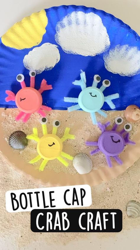 Bottle cap | Preschool crafts, Toddler crafts, Preschool art activities Paper Party Favors, Crab Crafts, Toddler Arts And Crafts, Daycare Activities, Preschool Art Activities, Ocean Crafts, Daycare Crafts, Classroom Crafts, Toddler Art