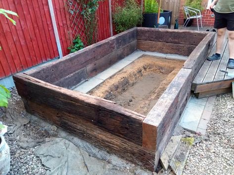 used railway sleeper pond Railway Sleeper Pond, Raised Fish Pond Ideas, Sleeper Pond Ideas, Small Raised Pond Ideas, Raised Pond Ideas, Sleeper Pond, Pond Diy, Diy Ponds Backyard, Raised Pond