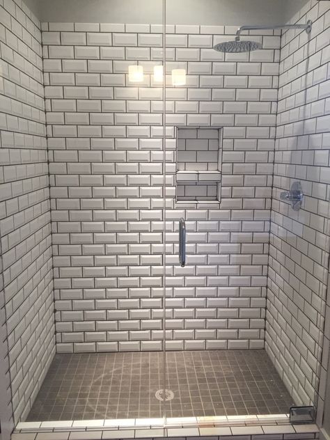 Beveled subway tile shower Beveled Subway Tile Shower Stall, Beveled Subway Tile Bathroom, Tile Shower Stall, Tv Bath, White Beveled Subway Tile, Beveled Subway Tile, Subway Tile Showers, Subway Tiles Bathroom, Modern Small Bathrooms