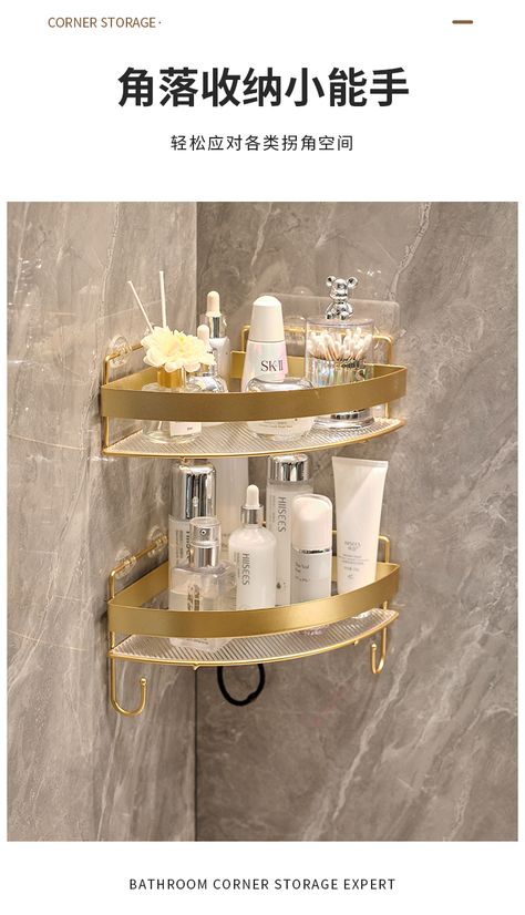 Bathroom gold storage rack bathroom triangle basket shower room toilet storage shower gel shampoo rack bathroom accessories - AliExpress Gold Toilet Accessories, Fancy Bathroom Decor, Bathroom Corner Storage, Gold Storage, Decor Bathroom Ideas, Bathroom Gold, Bathroom Storage Hacks, Fancy Bathroom, Washroom Accessories