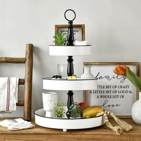 PRICES MAY VARY. Stylish & Functional: The 3-Tiered Metal Tray features three metal circles with metal accents of black and white. The sleek design and black-and-white color scheme complement various decor styles, adding a touch of modern farmhouse charm to any setting. Versatile Usage: Perfect for organizing and displaying a variety of items such as fruits, desserts, spices, toiletries, or decorative pieces, making it an ideal addition to any room. Sturdy & Convenient: Constructed from high-qua Stand Mixer Decor, Two Tiered Tray Decor, Stainless Steel Kitchen Decor, Shelf Coffee Bar, Coffee Bar Table, Fruits Desserts, 3 Tier Tray, Red Christmas Lights, Wicker Peacock Chair