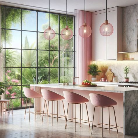 Pink Kitchen Vintage 1950s Aesthetic, Light Gray Countertops, Pink Pendant Light, Pink Kitchen Ideas, Pink Bar Stools, Pink Cabinets, Pink Furniture, Grey Countertops, Pink Tiles