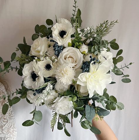 Dahlia And Anemone Bouquet, Large White Bouquet, Wedding Winter Bouquets, Big White Wedding Bouquet, Cascading White Wedding Bouquets, White Flowers Bridal Bouquet, Bridesmaids Bouquets As Centerpieces, White And Sage Bouquet, White Wedding Bouquets With Greenery