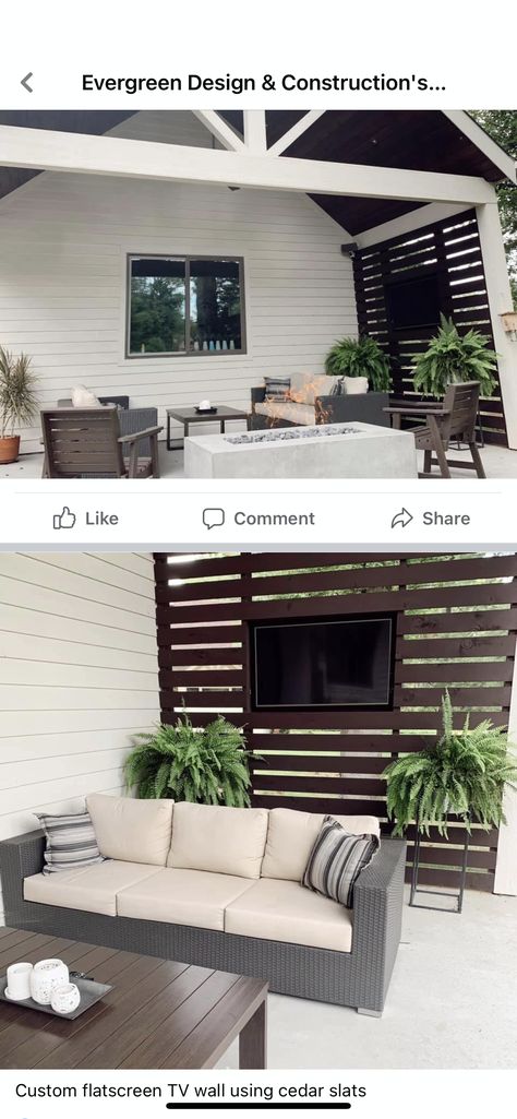 Privacy Back Porch, Black Privacy Wall On Deck, Patio With Privacy Wall, Slat Wall Outdoor Patio, Covered Patio Tv Ideas, Tv On Front Porch, Porch Wall Ideas, Privacy Patio Wall, Tv Outside Patio Wall