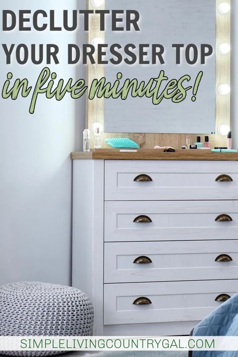 A fast fix project on how to declutter a dresser top, taking it from messy and chaotic to streamlined and organized in just minutes! From decluttering, cleaning, and finally organizing, you can turn this hot spot of clutter into an organized landing ground for your days. Top Of Dresser Organization, Organize Dresser Top, Organized Dresser, Dresser Organization Ideas, Bedroom Decluttering, Top Organization Ideas, Dresser Top Organization Ideas, Baskets For Blankets, Dresser Top Organization