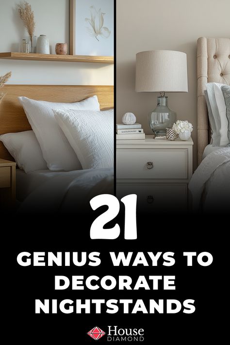 21 How To Decorate Nightstands Nightstand With Mirror Above, Alternative Nightstand Ideas, How To Decorate Nightstand, White And Turquoise Bedroom, Bedside Lamps Ideas Bedrooms, Bed Side Table Lamp, Mismatched Nightstands, Functional Bedside Table, Bed Side Table Lamps