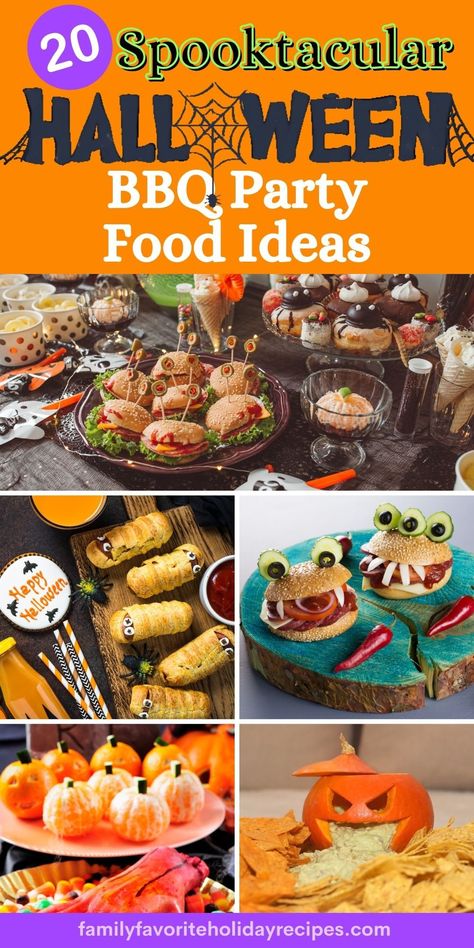 These spooktacular BBQ food ideas are perfect for your Halloween party! From meat and sandwiches to appetizers, sides, and desserts, we've got you covered for a frightfully fantastic party! Halloween Bbq Food Ideas, Halloween Pulled Pork Ideas, Halloween Camping Food Ideas, Bbq Halloween Food, Halloween Bbq Ideas, Side Dish Halloween Party, Meat Halloween Food, Halloween Cookout Ideas, Halloween Hamburger Ideas