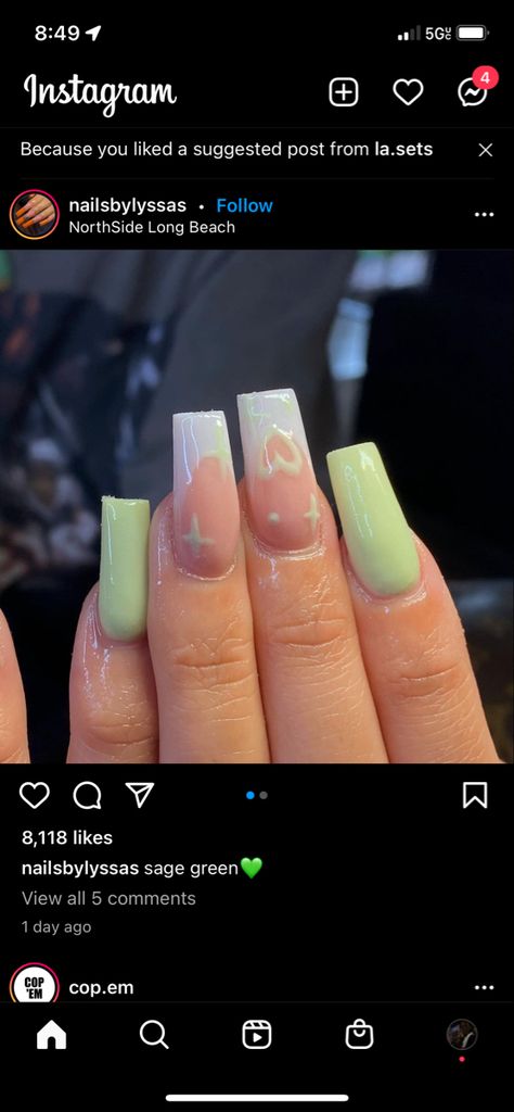 Medium Square Acrylic Nails Sage Green, Pastel Pink And Green Nails Acrylic, Princess And The Frog Nails Simple, Sage Green Nails Medium Length, Sage Green Birthday Nails, Princess Tiana Nails Short, Tiana Nails Princess, Princess Tiana Inspired Nails, Sage Acrylics