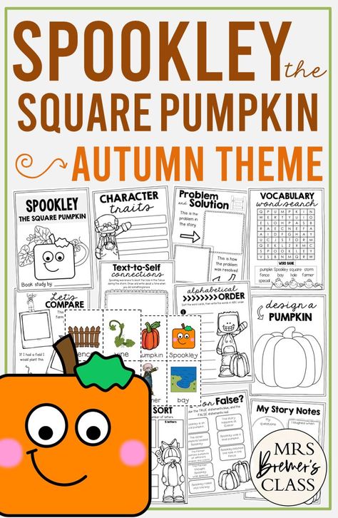 Spookley the Square Pumpkin book study unit with Common Core literacy companion activities and a craftivity for Halloween in Kindergarten and First Grade Pumpkin Book Activities, Kindergarten Tutoring, Pumpkin Craft Kindergarten, Prek Halloween, Spookley The Square Pumpkin, Fall Homeschool, Square Pumpkin, Text To Self Connection, Pumpkin Unit