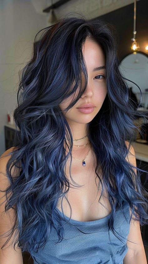 Blue Hair Over Brown, Hair Color Ombre Ideas For Black Hair, Raven Inspired Hair, Black Hair With Dark Blue Money Piece, Dark Blue Hair With Money Piece, Black To Dark Blue Hair, Jet Black Hair With Highlights Blue, Blue Melt Hair, Dark Hair Blue Undertone