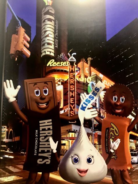 Chocolate bar, kiss, and peanut butter cup mascots from Hershey, Pennsylvania Milton Hershey, Hershey Pennsylvania, Hershey Park, Gotham Villains, Hershey's Chocolate, Holiday Train, Outlet Mall, Chocolate World, Hershey Bar