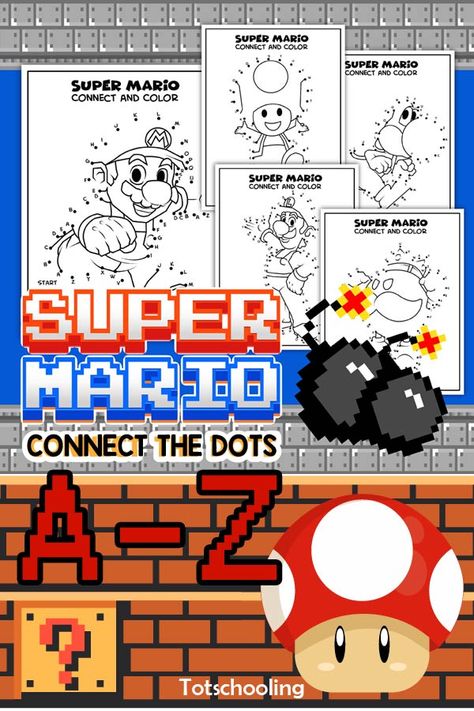 FREE Super Mario themed Alphabet worksheets Connect the Dots coloring pages. Follow the sequence from A to Z, then color the character! Dots Coloring Pages, Super Mario Free, Super Mario Coloring Pages, Fun Video Games, Mario Coloring Pages, Video Game Party, Number Activities, Game Party, Game Themes