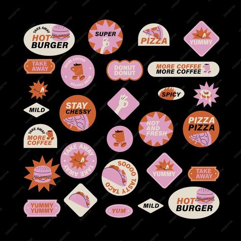 Premium Vector | Vector set of retro fast food stickers colorful patch badges for junk food cafe Sticker Food Design, Cafe Sticker Design, Retro Fast Food, Fast Food Stickers, Cafe Stickers, Burger Sticker, Retro Stickers, Strawberry Festival, Stickers Colorful