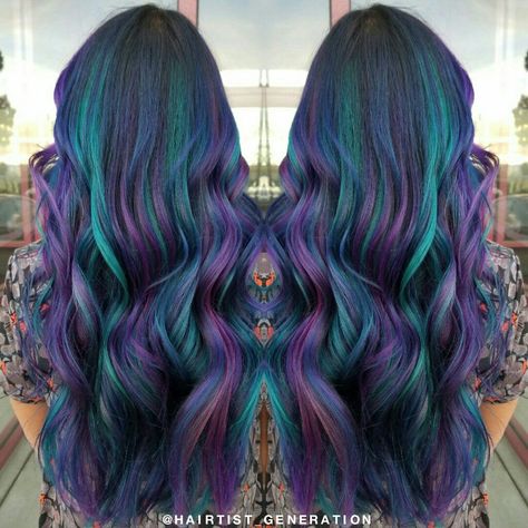 Galaxy hairPurple teal pink blueThis was super fun to create Dark Purple And Teal Hair, Blue Purple And Teal Hair, Galaxy Hair Color Highlights, Peacock Ombre Hair, Purple And Teal Hair Highlights, Purple Hair With Green Highlights, Black Blue And Purple Hair, Mermaid Hair Color Peekaboo, Red And Teal Hair